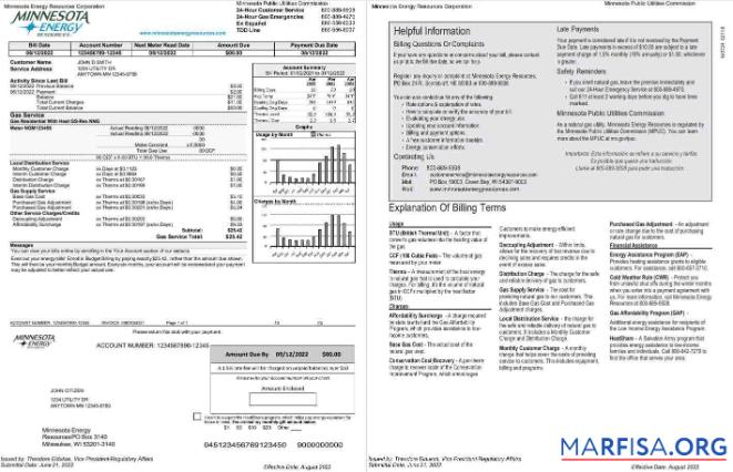 Printable USA Minnesota Energy utility bill, Word and PDF template, 2 pages